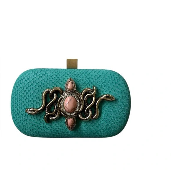 Samantha Wills Hand Crafted Turquoise Snakeskin Snake Motif Box Clutch - Picture 4 of 15